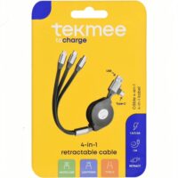 Cavo di ricarica multifunzione retrattile TEKMEE con connettori Lightning, Micro-USB e Type-C.