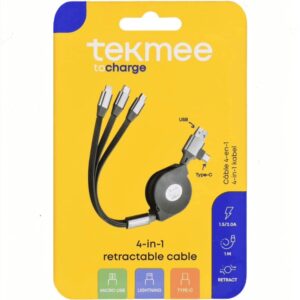Cavo di ricarica multifunzione retrattile TEKMEE con connettori Lightning, Micro-USB e Type-C.