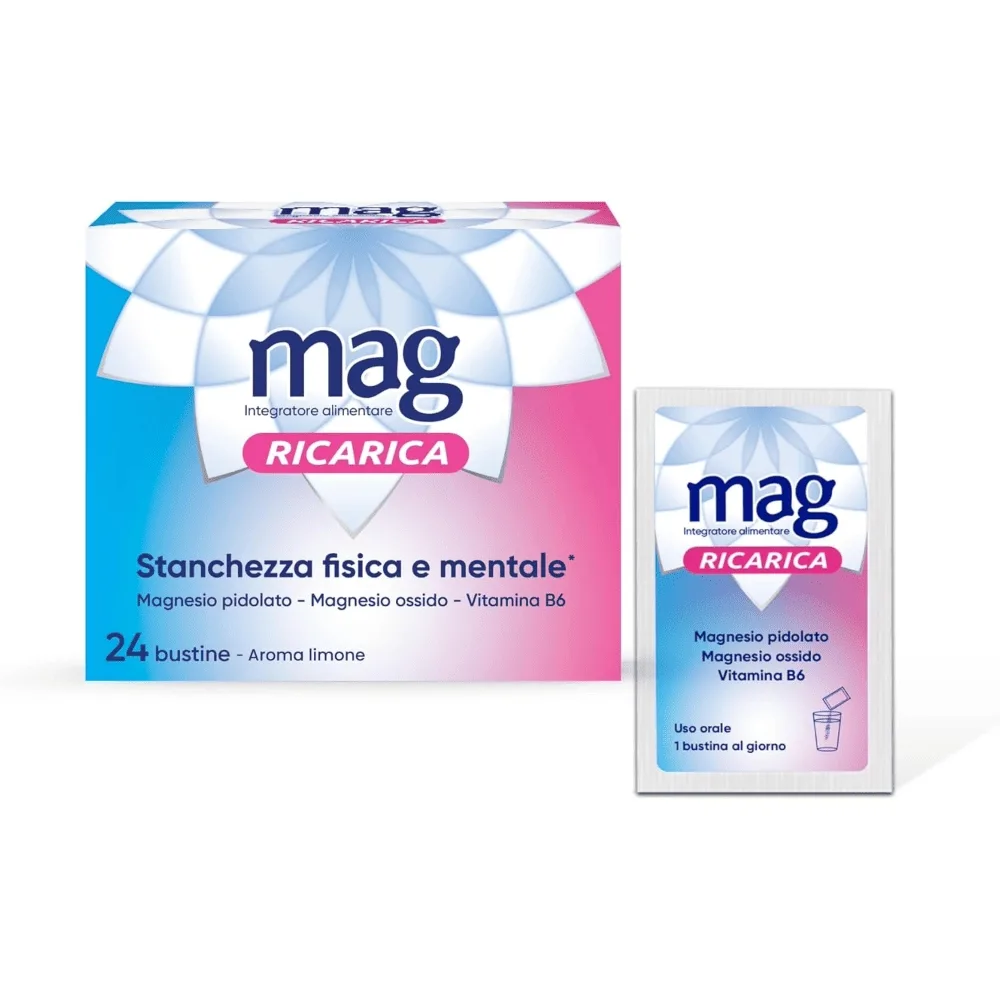 mag-ricarica-integratore-magnesio-vitamina-b6-24-bustine.jpg Confezione di Mag Ricarica, integratore di magnesio in bustine, ideale per contrastare lo stress e l'affaticamento.