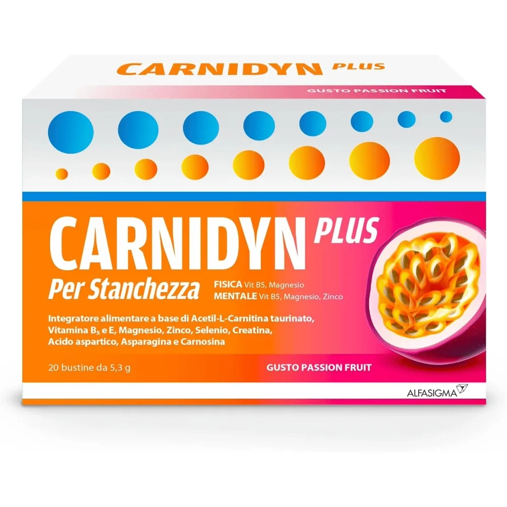 Confezione di Carnidyn Plus, integratore energetico in bustine, gusto Passion Fruit, per contrastare la stanchezza.