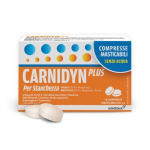 Confezione di Carnidyn Plus compresse masticabili, integratore energetico pratico da assumere senz'acqua.