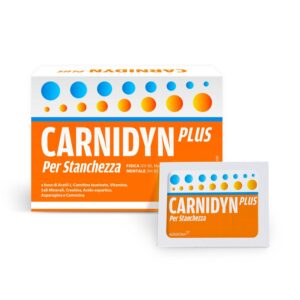 Confezione di Carnidyn Plus, integratore alimentare in bustine per il recupero energetico di corpo e mente.
