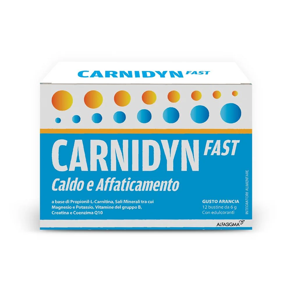 Confezione di Carnidyn Fast, integratore in bustine, ideale per il recupero fisico, l'idratazione e il contrasto alla debolezza da caldo.
