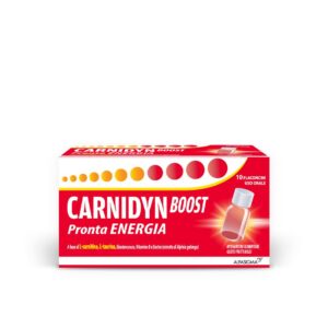 Confezione di Carnidyn Boost in flaconcini, integratore energetico pronto da bere per una ricarica rapida.