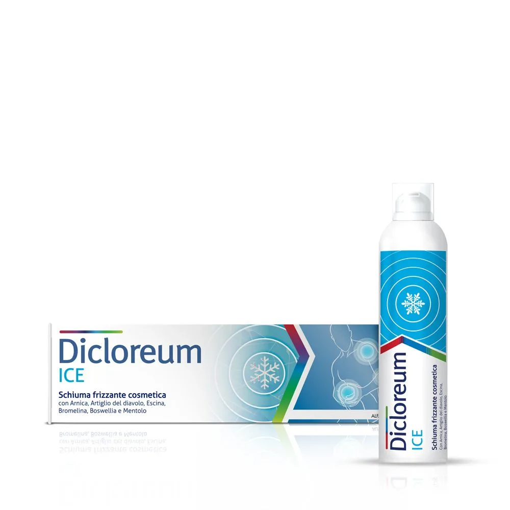 lacone di Dicloreum Ice Schiuma Frizzante, trattamento cosmetico per contusioni e affaticamento muscolare.
