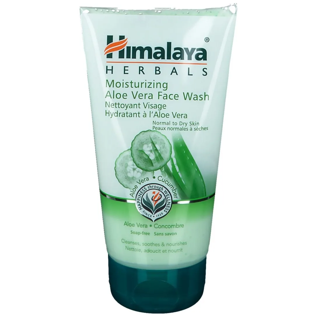 Flacone di Himalaya Aloe Vera Face Wash, detergente viso delicato con estratti naturali di Aloe Vera e Cetriolo.