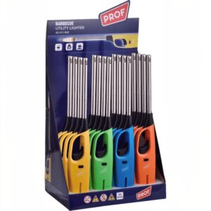 Box da 16 accendigas ricaricabili Polyflame Prof Fashion, lunghezza 27,1 cm.