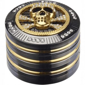 Grinder Champ-High Bling Skull in metallo argentato, design teschio, dimensioni compatte.
