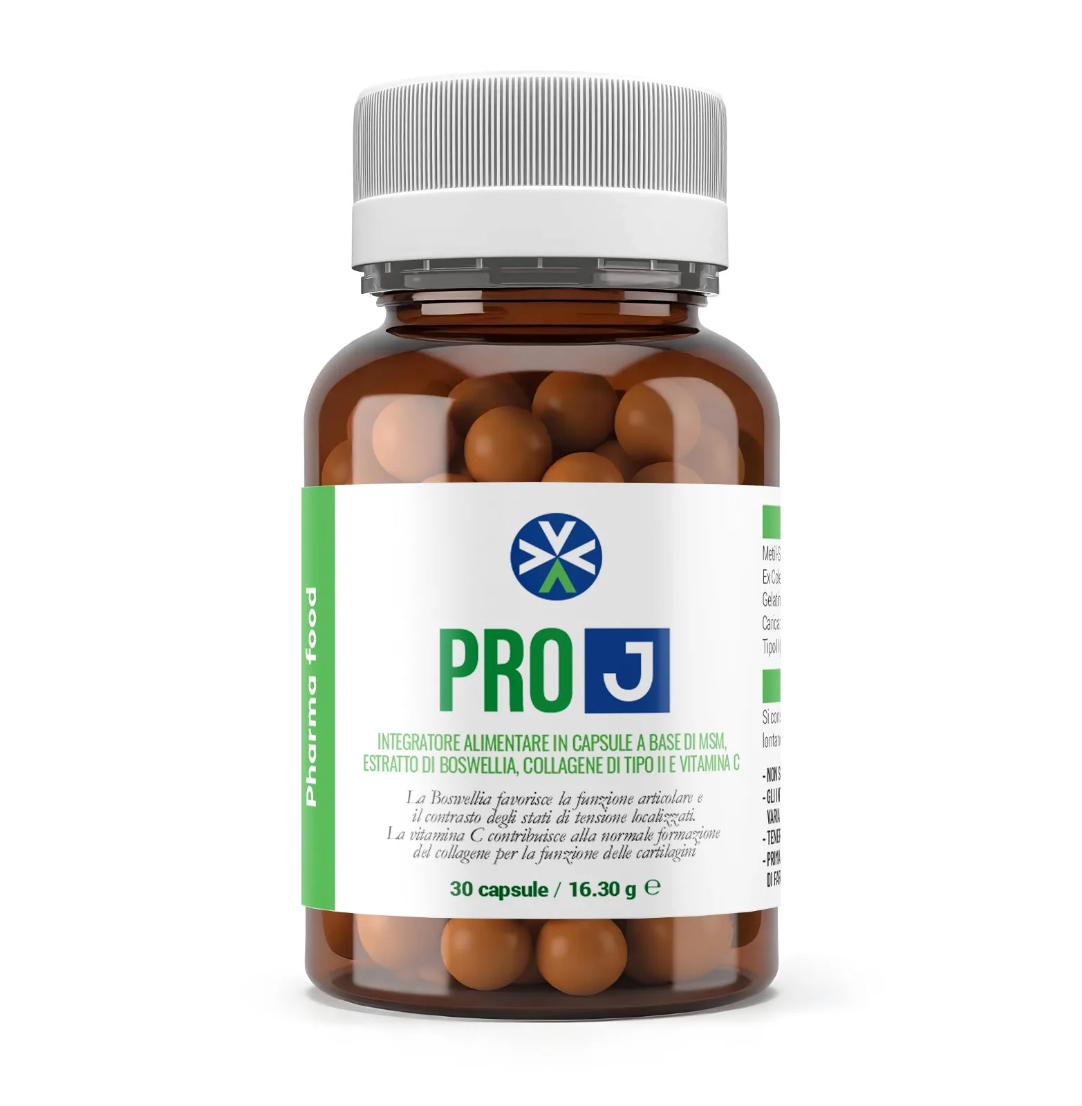 Flacone di PRO J, integratore alimentare per il benessere articolare con MSM e Boswellia.