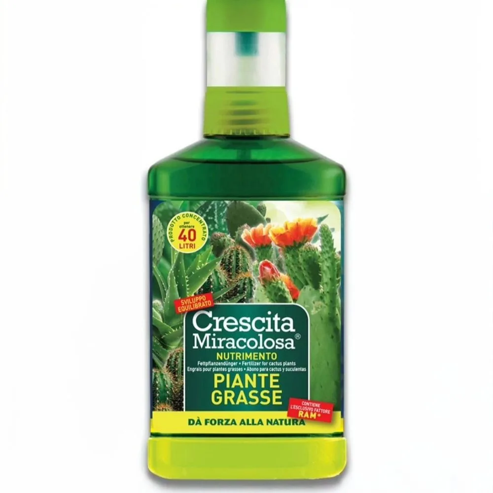 Flacone di nutrimento per piante grasse "Crescita Miracolosa", ideale per succulente e cactus.