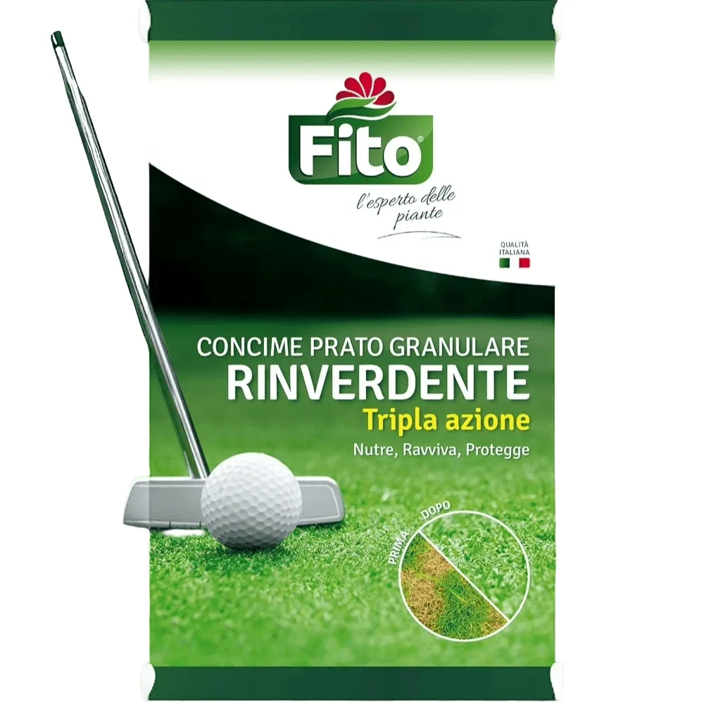 fito-rinverdente-antimuschio-tripla-azione.jpg Confezione di Fito Rinverdente Antimuschio granulare, soluzione 3 in 1 per prato verde e senza muschio.