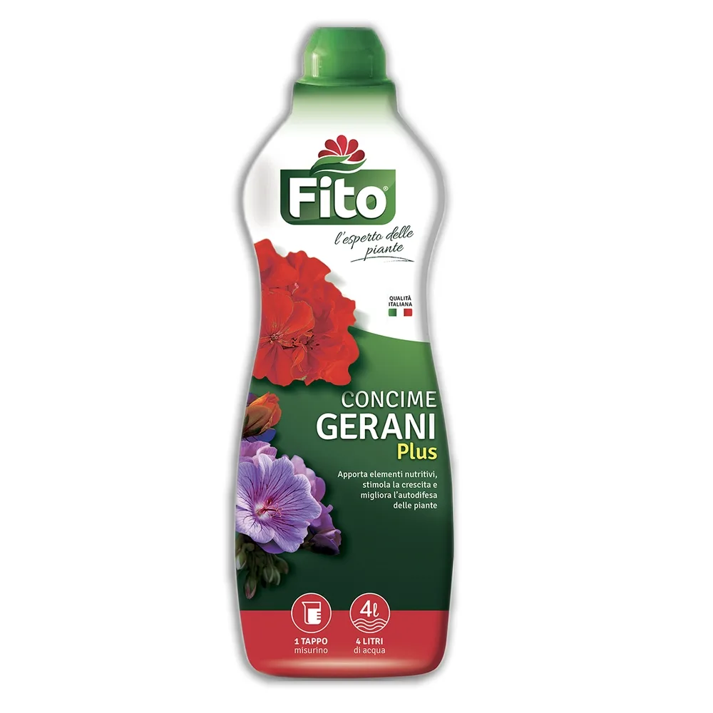 Flacone di Fito Concime Gerani Plus, concime liquido specifico per piante da balcone.
