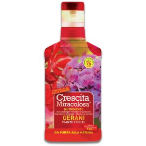 Flacone di concime liquido "Crescita Miracolosa" per gerani e piante fiorite da balcone.