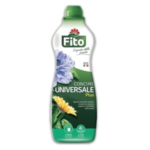 Flacone di Fito Concime Universale Plus, fertilizzante liquido multiuso per piante sane.