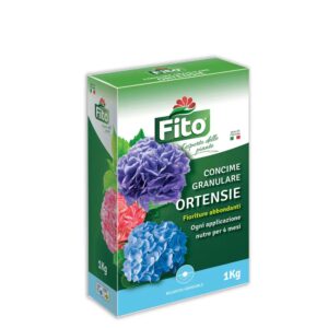 Confezione di Fito Concime Granulare specifico per Ortensie, formula per fiori rigogliosi.