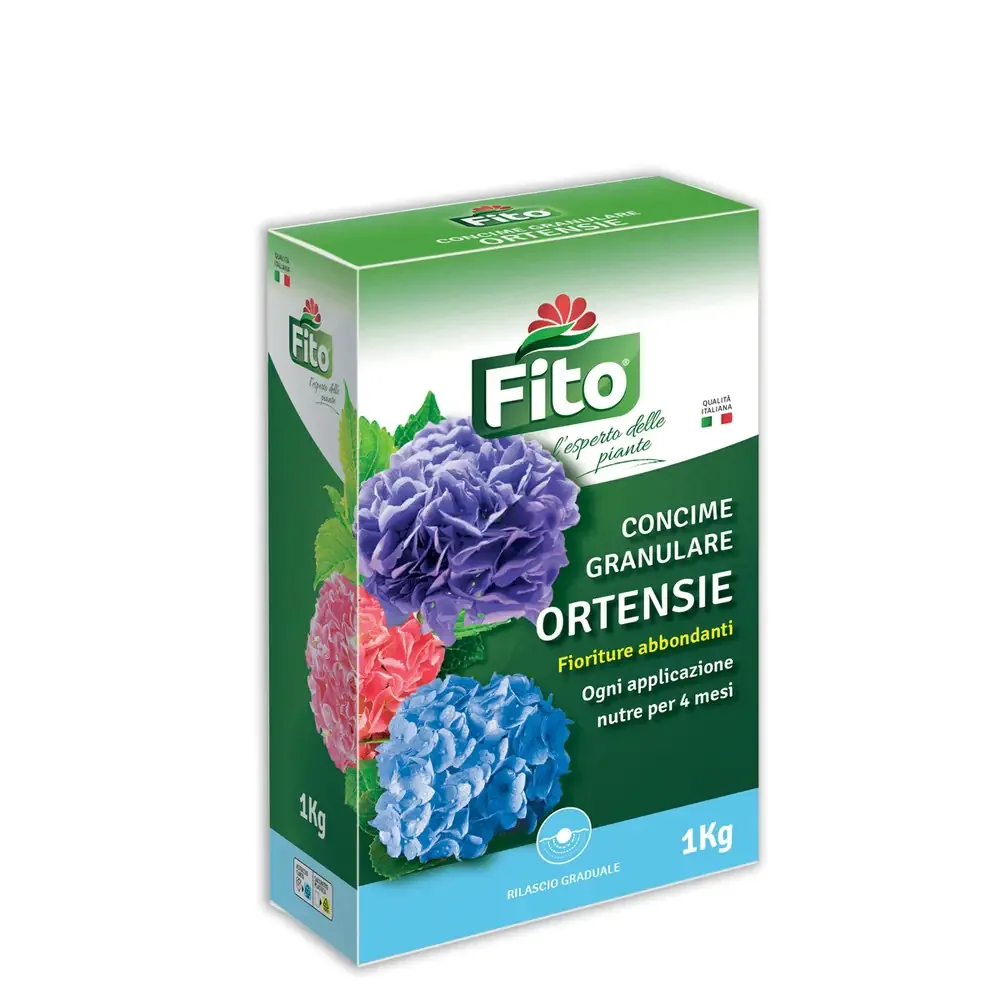 Confezione di Fito Concime Granulare specifico per Ortensie, formula per fiori rigogliosi.
