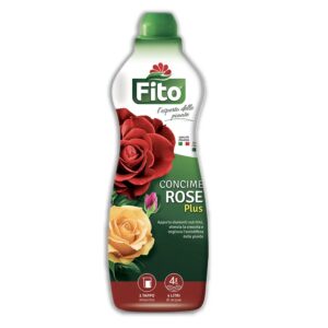 Flacone di Fito Concime Rose Plus, fertilizzante specifico per la cura delle rose.