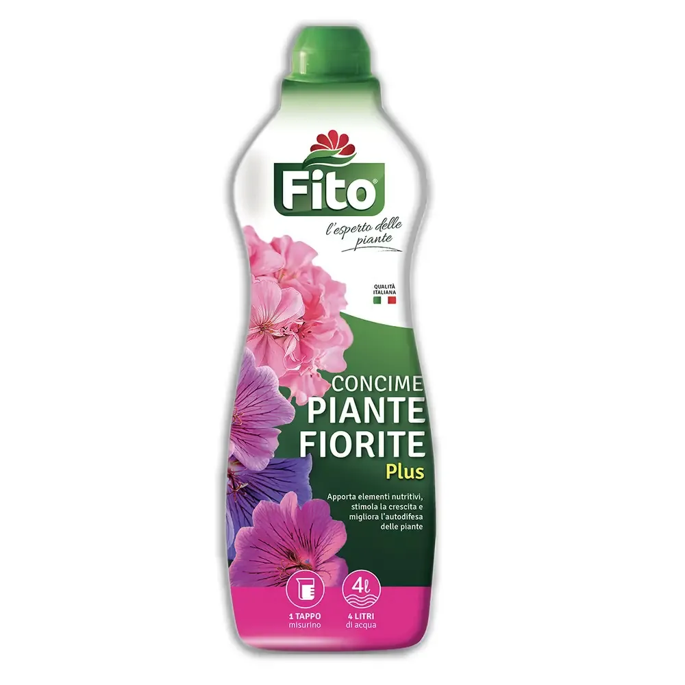 Flacone di Fito Concime Surfinie Plus, fertilizzante liquido specifico per petunie, surfinie e piante da balcone.