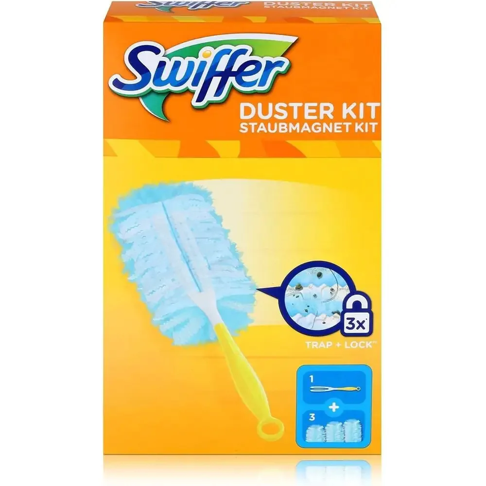 swiffer-set-piumino-catturapolvere-starter-kit.jpg Kit di base Swiffer Piumino con manico e piumini catturapolvere.