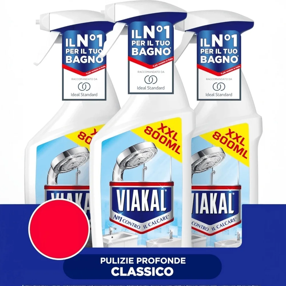 viakal-spray-anticalcare-regolare.jpg Flacone di Viakal Spray Anticalcare Regolare per superfici bagno.