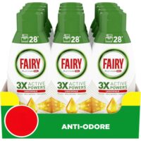 Flacone di detersivo gel per lavastoviglie Fairy con azione anti-odore.