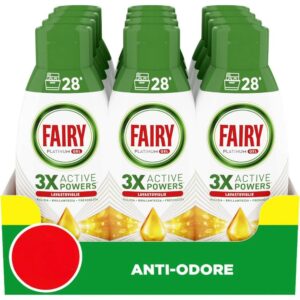 Flacone di detersivo gel per lavastoviglie Fairy con azione anti-odore.