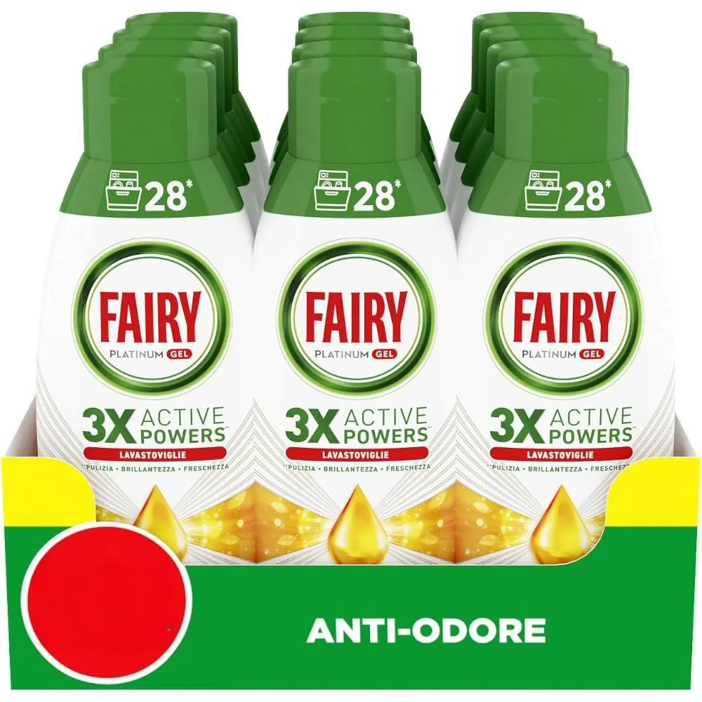 fairy-detersivo-gel-lavastoviglie-anti-odore.jpg Flacone di detersivo gel per lavastoviglie Fairy con azione anti-odore.