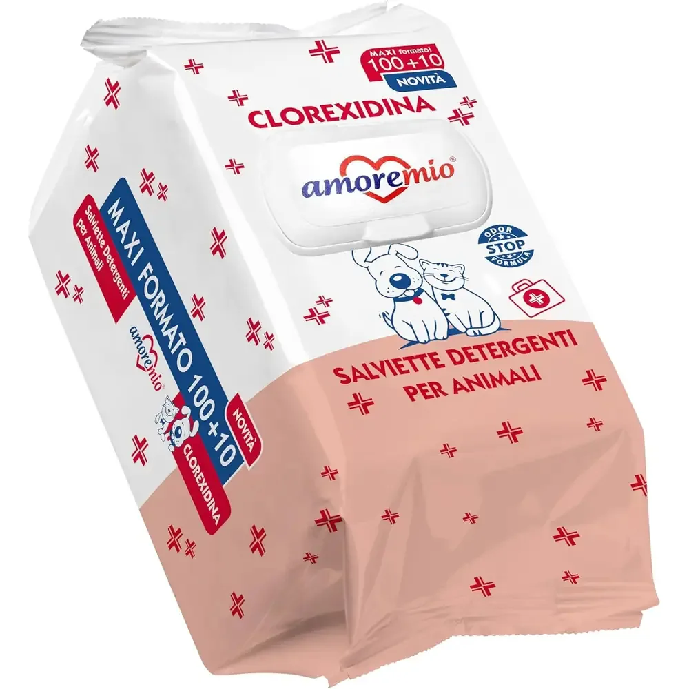 Confezione di salviettine igienizzanti alla clorexidina marca Amore Mio per cani e gatti.