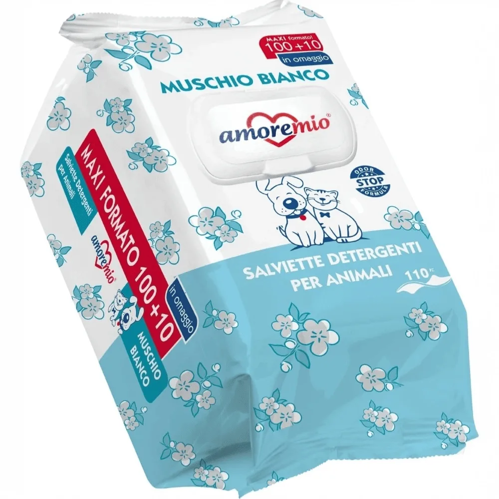Confezione di salviettine igienizzanti Amore Mio per la cura quotidiana di cani e gatti.