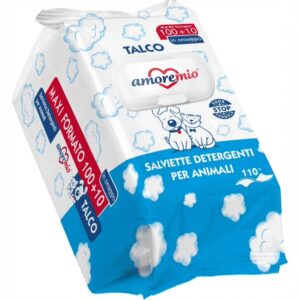 Confezione di salviettine igienizzanti Amore Mio specifiche per la pulizia quotidiana di cani e gatti.
