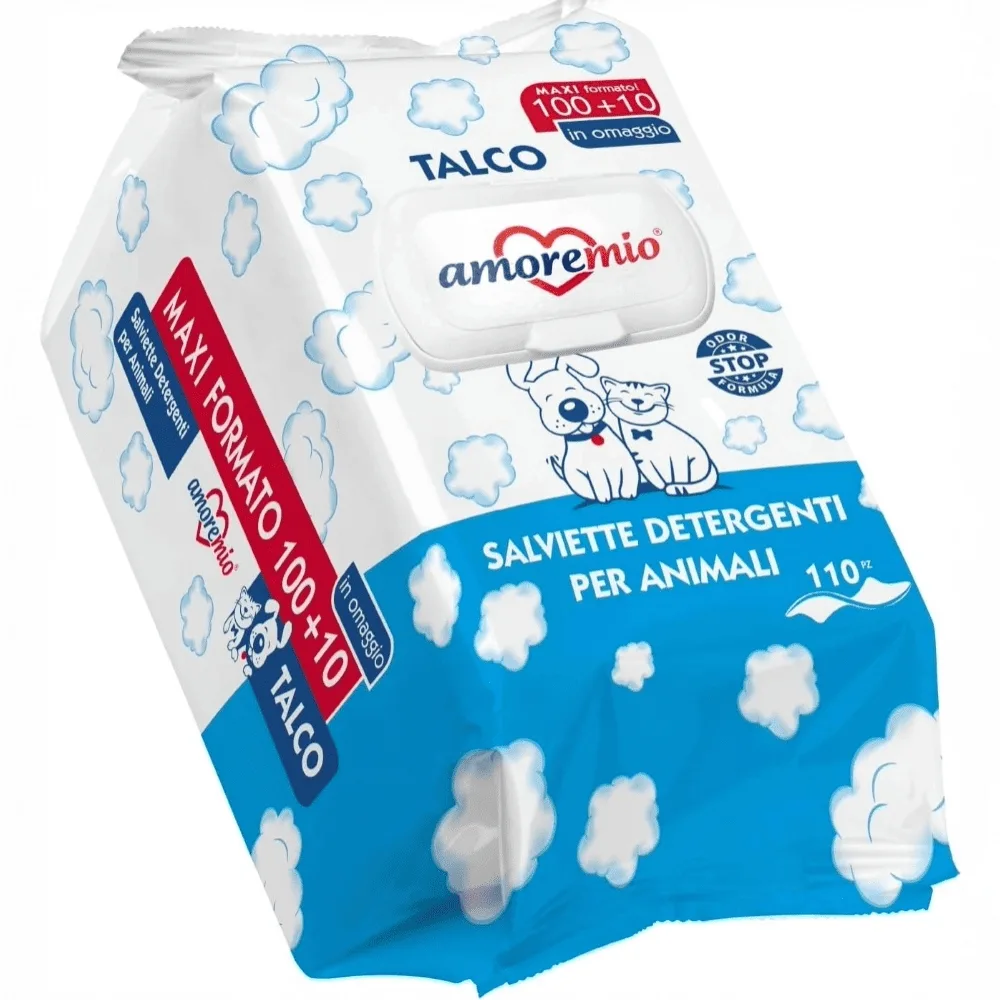 Confezione di salviettine igienizzanti Amore Mio specifiche per la pulizia quotidiana di cani e gatti.