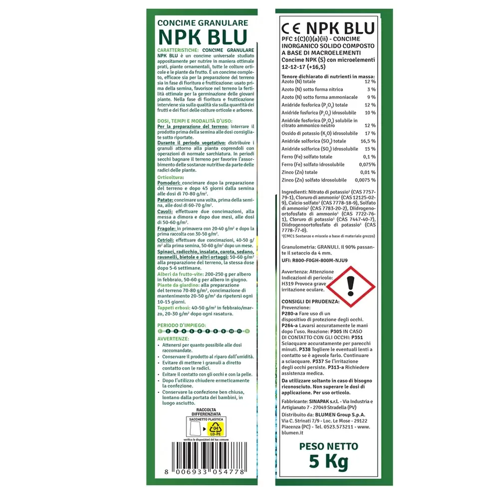 Fito Concime NPK Blu 5 kg - Fertilizzante Universale Granulare - Nutrizione Equilibrata per Orto, Fiori e Prato - Formato Scorta Convenienza - immagine 2