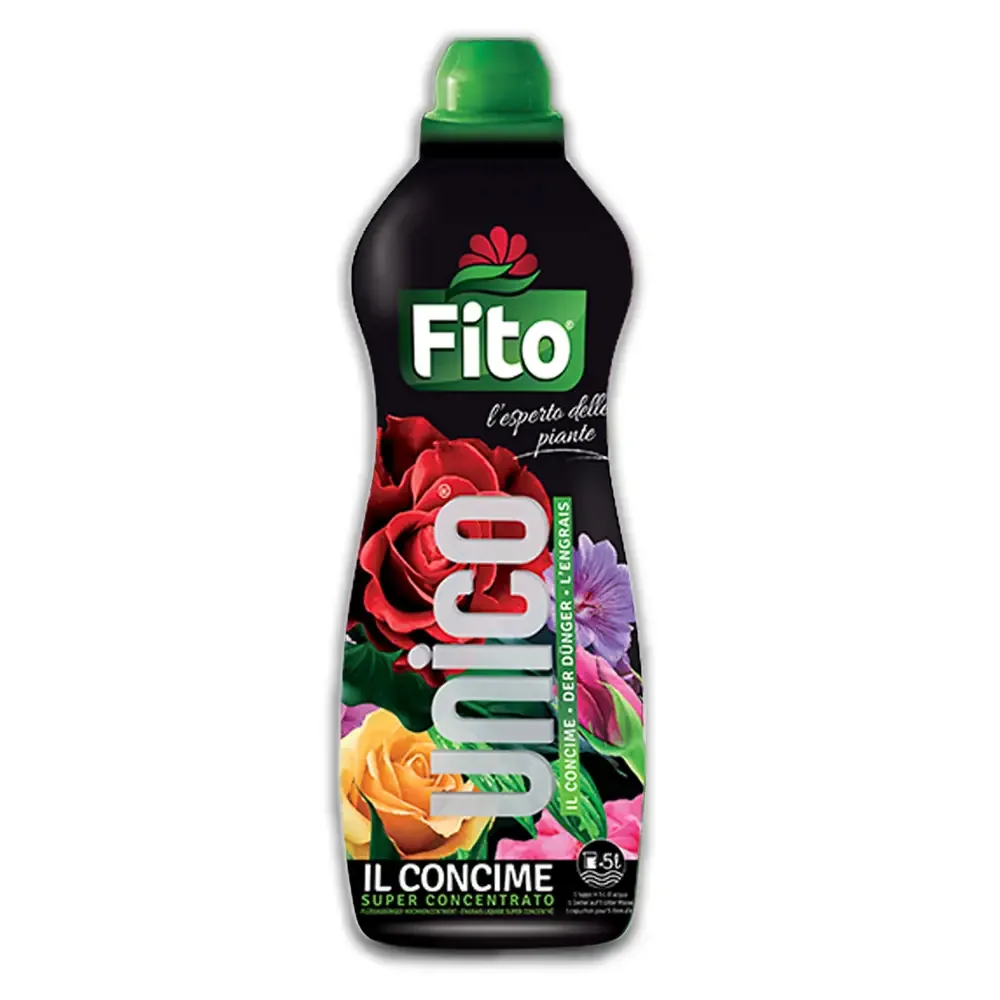 Flacone di concime Fito Unico, soluzione nutritiva per piante verdi e fiorite.