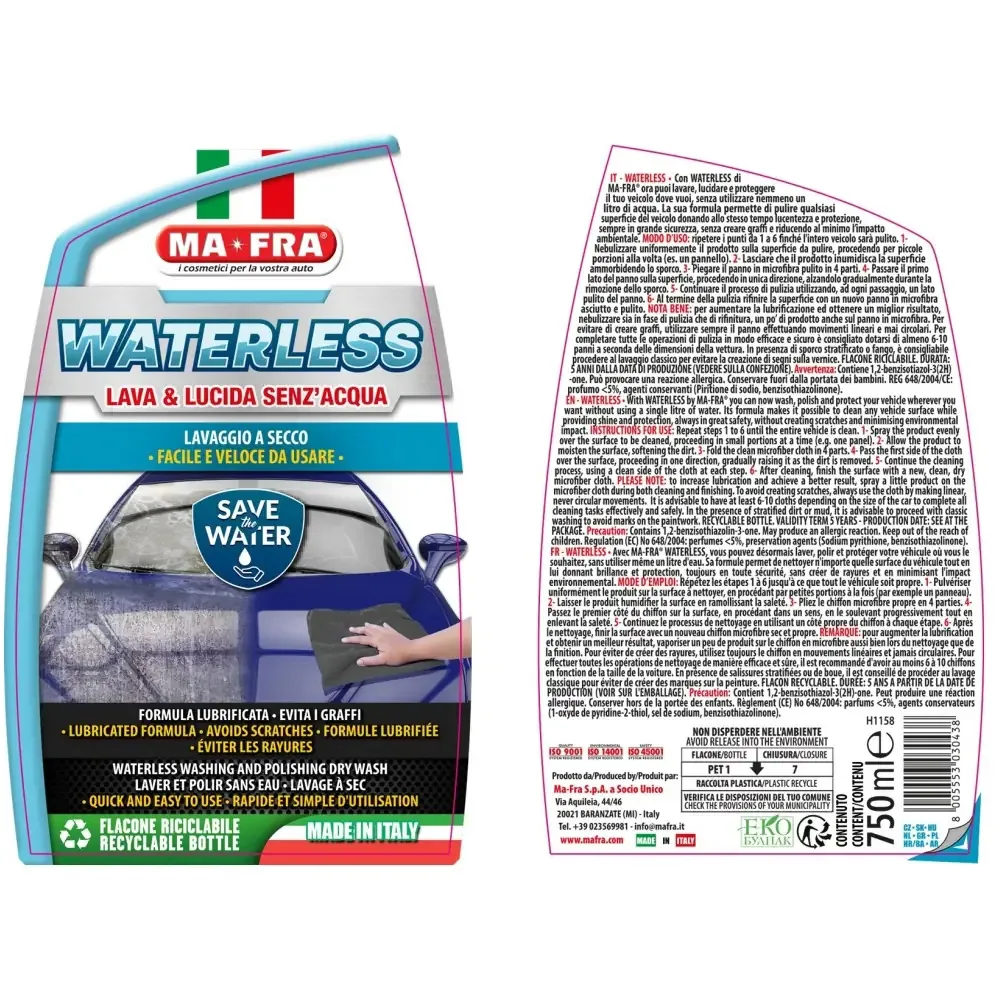 MA-FRA Waterless 750ml - Lavaggio Auto Senza Acqua - Pulisce e Lucida in un Solo Gesto - Formula Antigraffio Ecologica - Protezione Carrozzeria - immagine 2