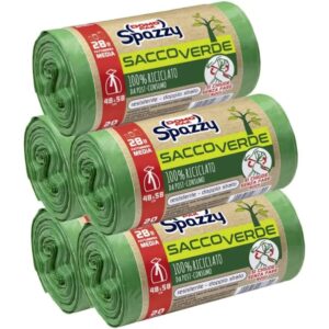 Multi-pack di sacchi nettezza verdi Domopak Spazzy Saccoverde in plastica riciclata con sistema di chiusura integrato.