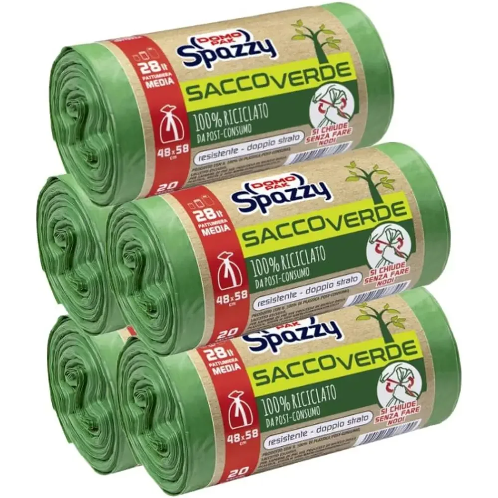 domopak-spazzy-saccoverde-riciclato-avvolgi-chiudi.jpg Multi-pack di sacchi nettezza verdi Domopak Spazzy Saccoverde in plastica riciclata con sistema di chiusura integrato.