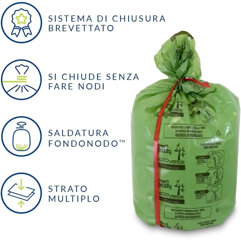 Domopak Spazzy Saccoverde 28L - Sacchi Nettezza  - 100% Riciclati da Post-Consumo - Sistema Avvolgi e Chiudi - Verde - immagine 2