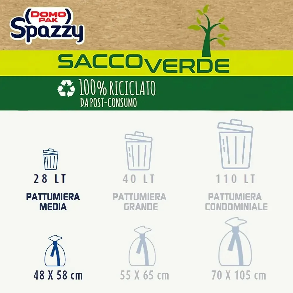 Domopak Spazzy Saccoverde 28L - Sacchi Nettezza  - 100% Riciclati da Post-Consumo - Sistema Avvolgi e Chiudi - Verde - immagine 3