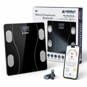 Bilancia pesapersone smart Varalux in vetro nero temperato con connessione Bluetooth.