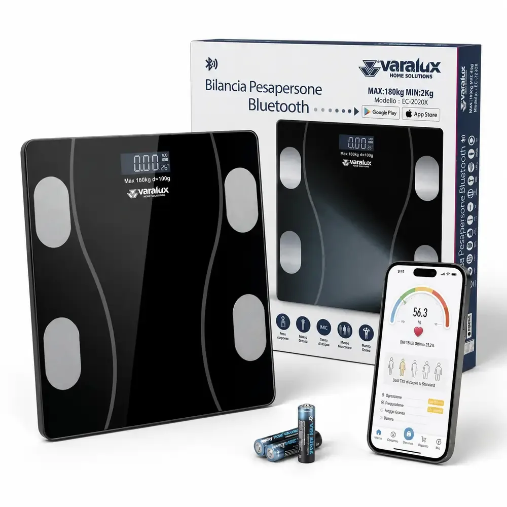 Bilancia pesapersone smart Varalux in vetro nero temperato con connessione Bluetooth.