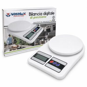 Bilancia da cucina digitale Varalux di colore bianco, con display LCD e portata massima di 10 kg.