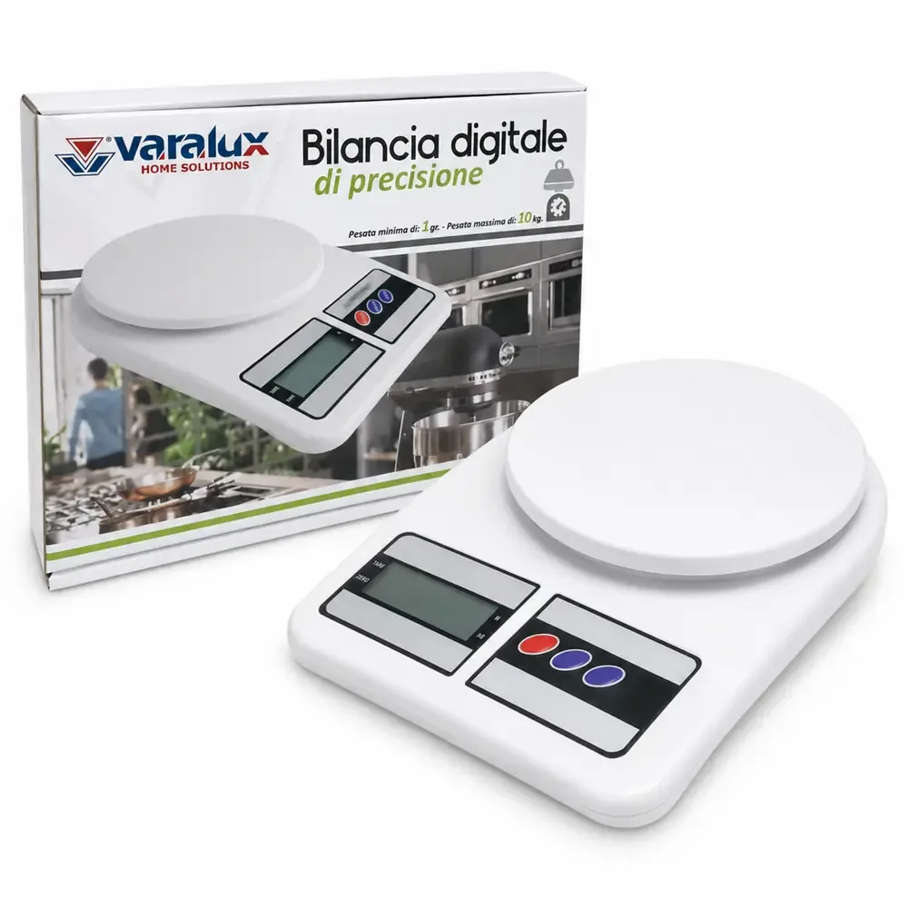 bilancia-cucina-digitale-varalux-10kg-bianca.jpg Bilancia da cucina digitale Varalux di colore bianco, con display LCD e portata massima di 10 kg.