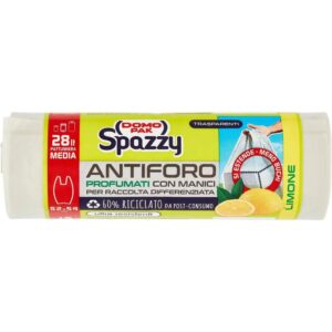 Rotolo da 15 sacchi nettezza Domopak Spazzy gialli, profumati al limone, con manici a estrazione.