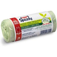 Confezione di sacchi trasparenti biodegradabili Domopak Spazzy Saccoverde con manici per rifiuti organici.