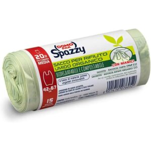 Confezione di sacchi trasparenti biodegradabili Domopak Spazzy Saccoverde con manici per rifiuti organici.