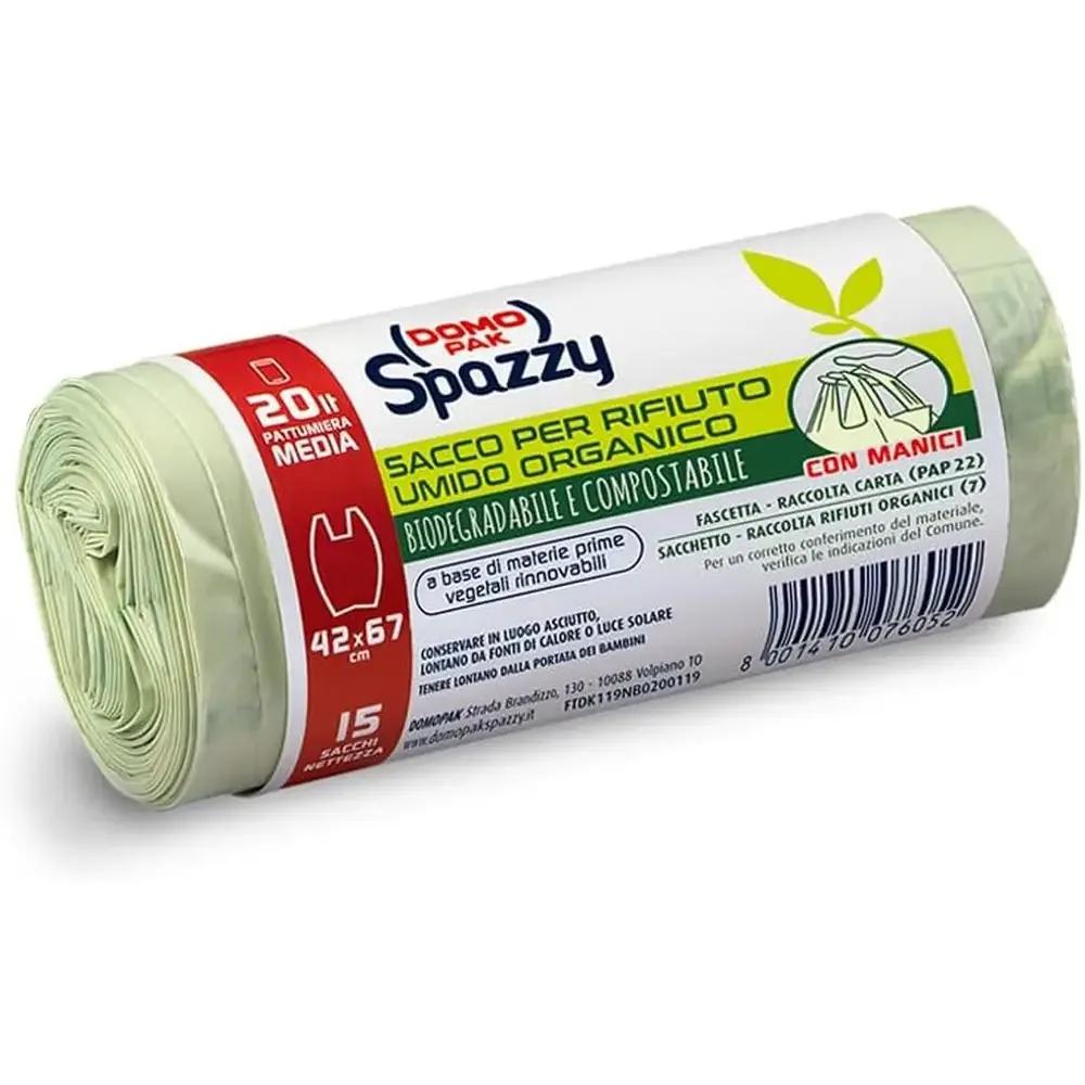Confezione di sacchi trasparenti biodegradabili Domopak Spazzy Saccoverde con manici per rifiuti organici.