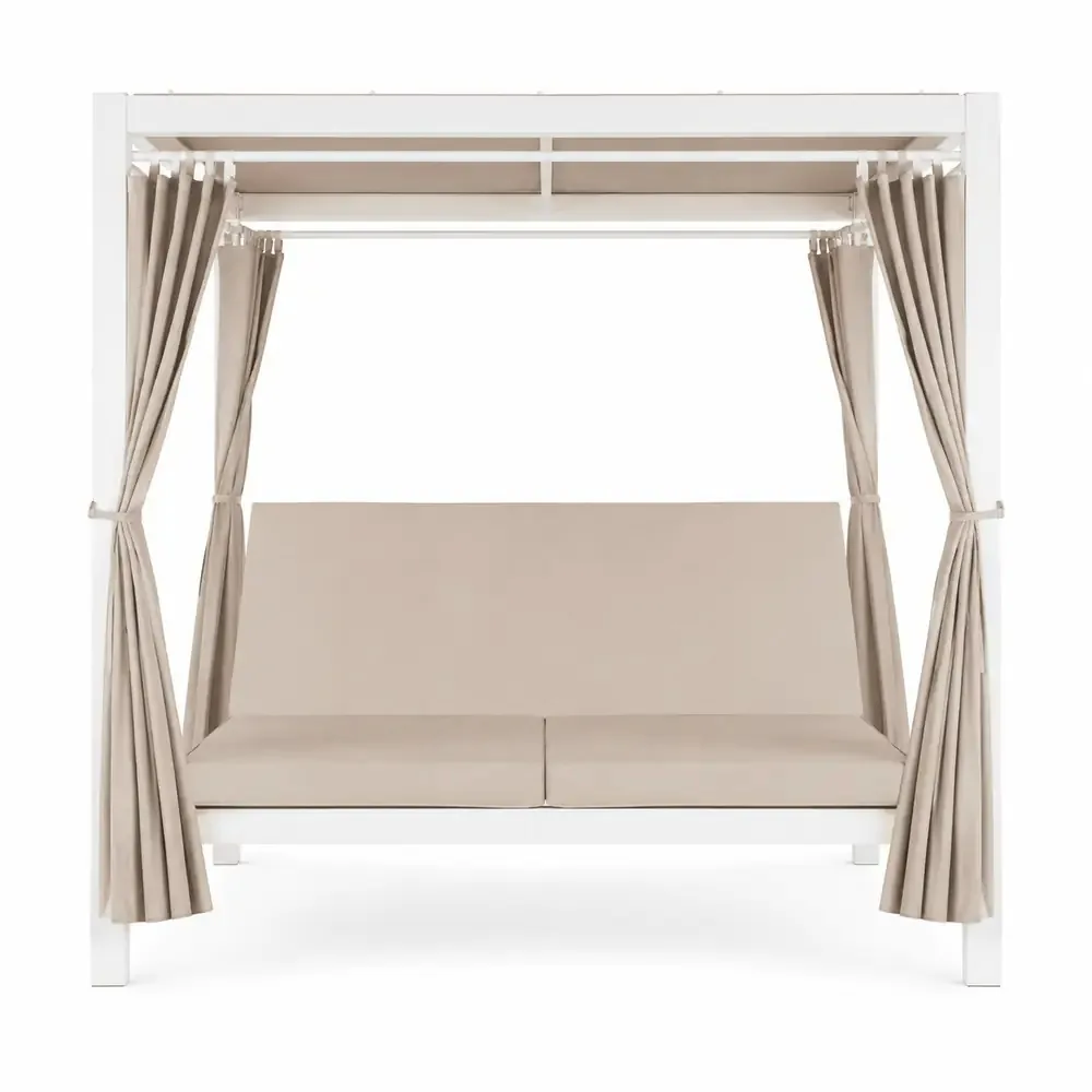 Daybed con Gazebo da Giardino 200x160 cm in Alluminio Bianco – Letto Prendisole con Cuscini in Textilene Ecru, Tetto e Tende in Poliestere, Ideale per Terrazzo, Patio e Piscina - immagine 2