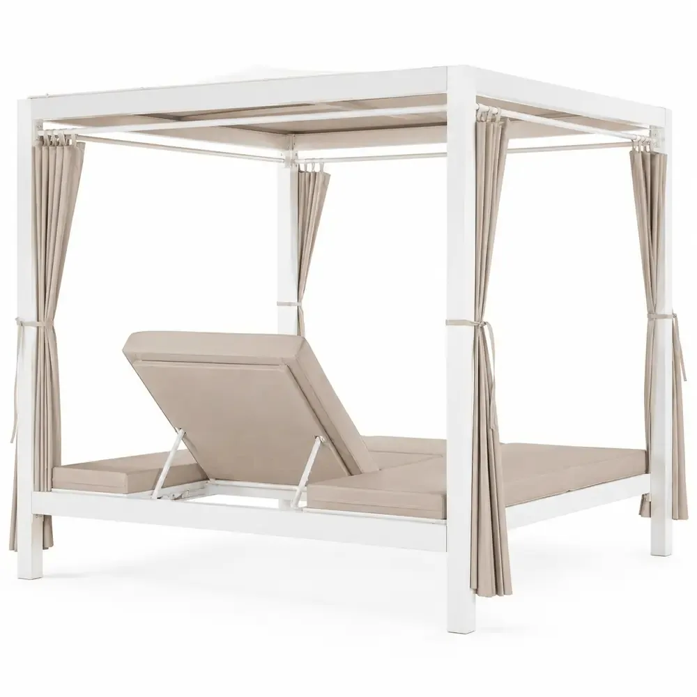 Daybed con Gazebo da Giardino 200x160 cm in Alluminio Bianco – Letto Prendisole con Cuscini in Textilene Ecru, Tetto e Tende in Poliestere, Ideale per Terrazzo, Patio e Piscina - immagine 3