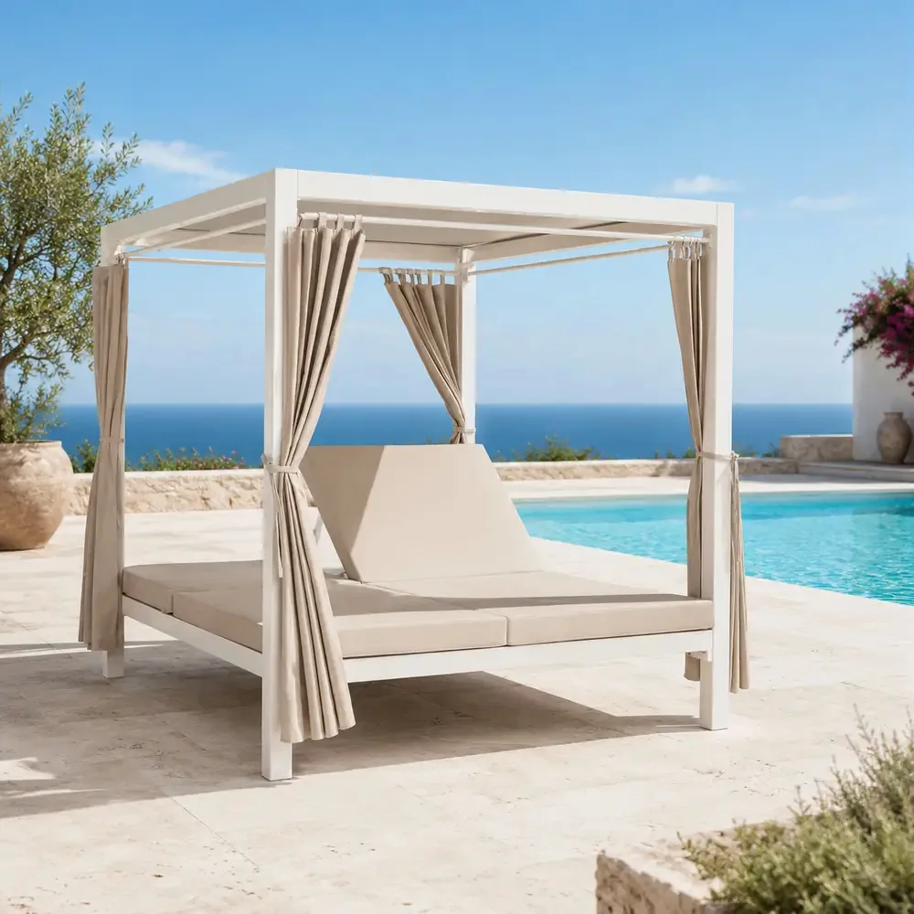 Daybed con Gazebo da Giardino 200x160 cm in Alluminio Bianco – Letto Prendisole con Cuscini in Textilene Ecru, Tetto e Tende in Poliestere, Ideale per Terrazzo, Patio e Piscina - immagine 5