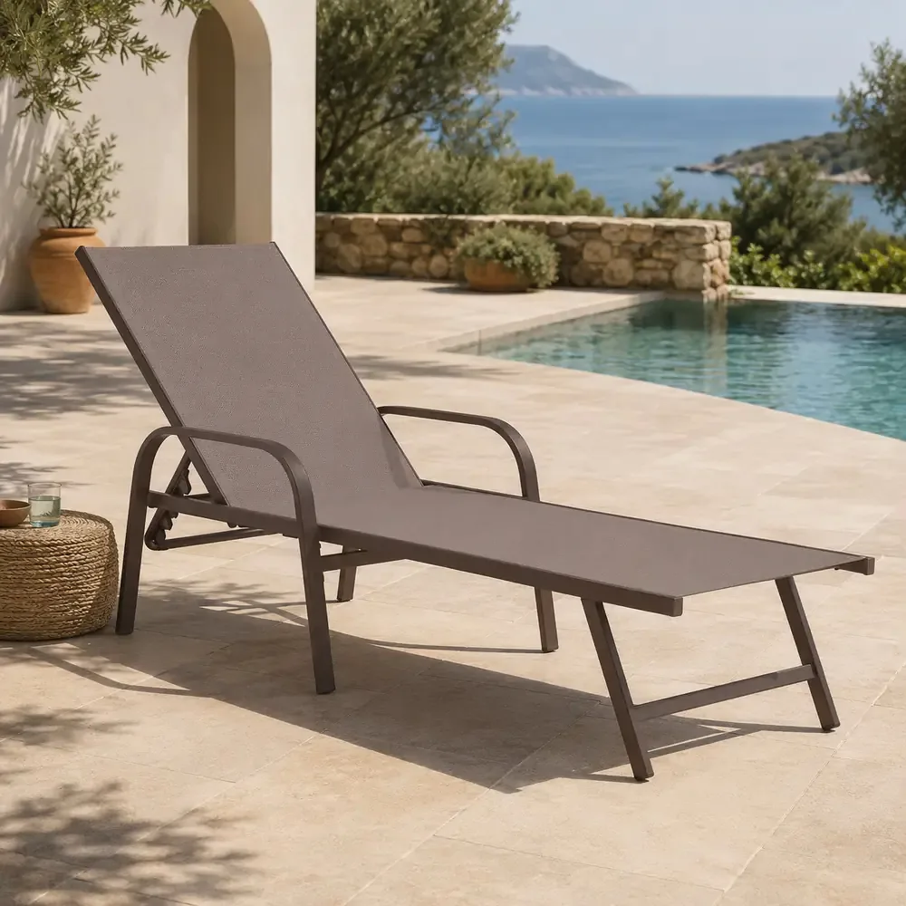 Lettino Prendisole MAY 195x69 cm in Ferro Taupe Antiruggine – Lettino da Giardino con Telo in Textilene Taupe, Ideale per Piscina, Terrazzo e Spiaggia - immagine 4